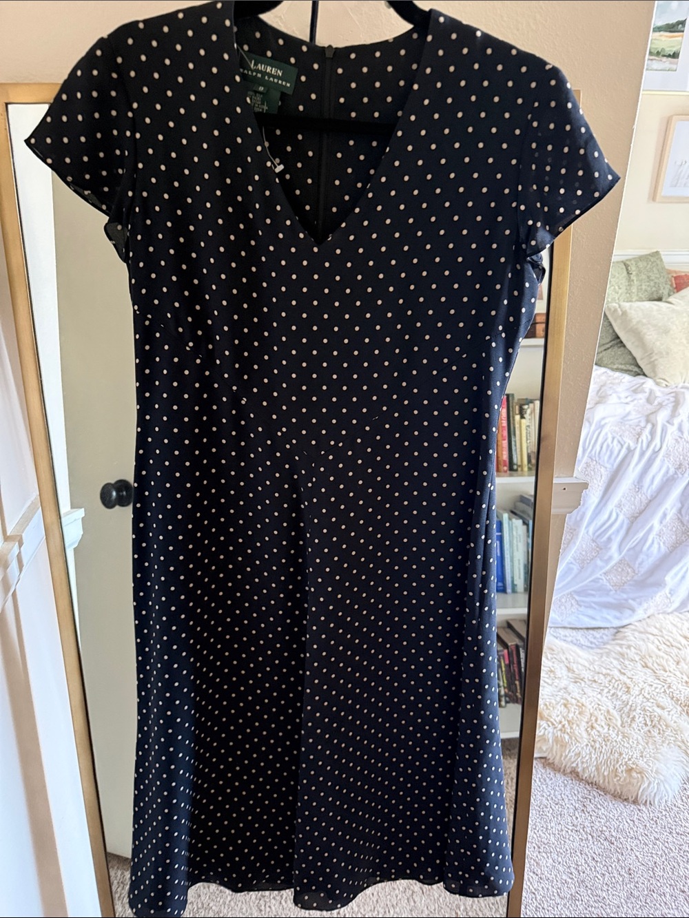 Lauren Ralph Lauren Silk Navy and White Polka Dot V‑Neck Fit & Flare Dress